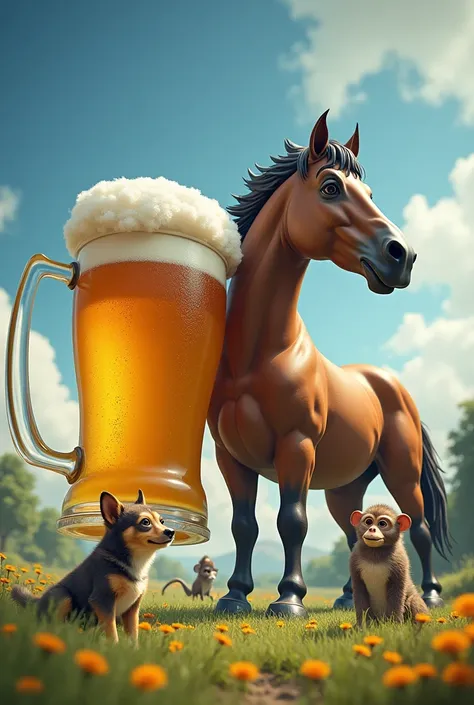 Big horse and big beer holding dog and monkey