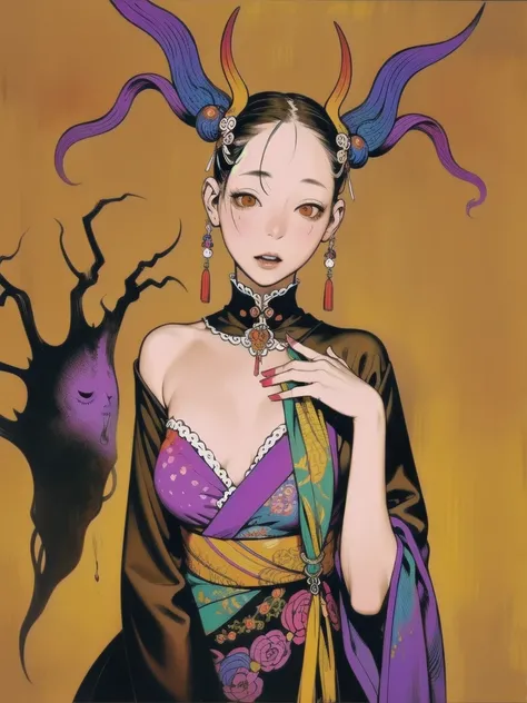 Horror elements, (masterpiece), (High resolution), (Very delicate), Japanese painting, (spooky), Crazy Illustration,spooky外観, (Psychedelic color image), Unique atmosphere、（Flat Chest）((spookyタトゥー))、、Bold Pose、Sexy Costumes、
