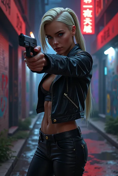 gta style girl platinum hair holing up a pistol