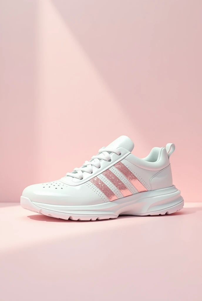 - **minimalist**
- **White**
- **subtle glow**
- **Pink glitter details**
- **side stripes**
- **White rubber sole**
- **Low silhouette**
- **Classic style**
- **Padded tongue**
- **Feminine and elegant**
- **Casual and versatile**
- **Clean and Modern Des...