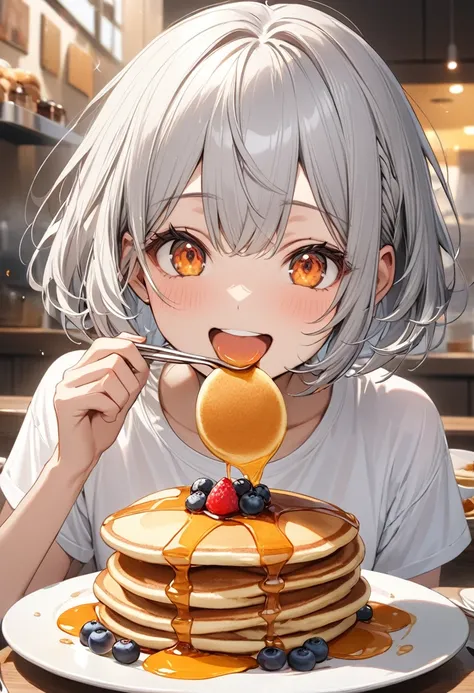 masterpiece,Best Quality,Very detailed,One girl,Silver Hair,Bob Hair,Orange Eyes,Happy Face,White T-shirt,Pancakes,looks delicious,Eating