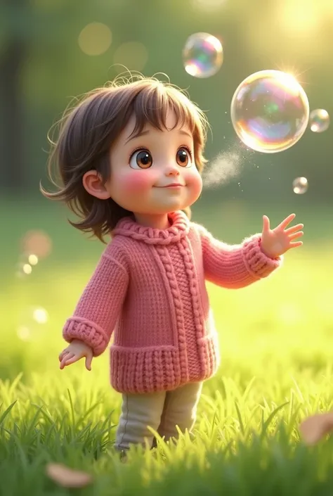 A two-years-old girl in a pink knitted sweater stands on the grass and blows bubbles