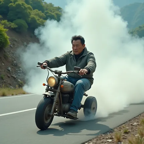 High resolution, Best Quality, Ultra high definition, Japanese Uncle,Children&#39;s tricycle,Drift,Mountain trail,Paved road,Lots of smoke,behind,photograph,Counter Steer,High Speed