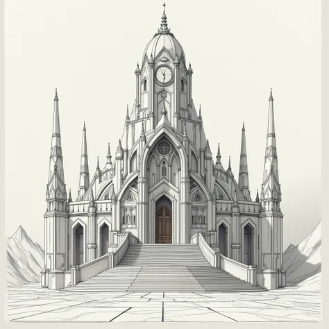 arafed drawing of a building with a clock tower and a staircase, concept art inspired by senior environment artist, Artstation contest winner, serial art, symmetric concept art, extremely detailed linework, senior concept artist, scenery art detailed, high...