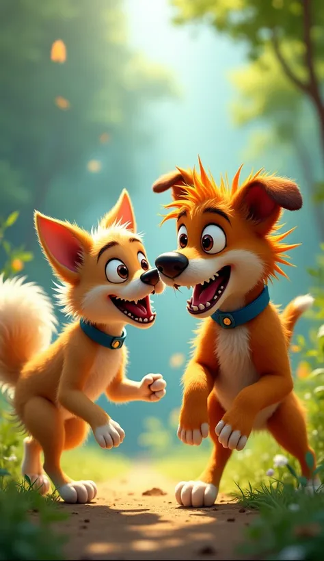 Spike, a scruffy dog with wild, spiky fur standing on end, accidentally bumps into Bella, a small, fluffy dog with big, round eyes and soft, curly fur, while chasing a squirrel, both dogs looking surprised, with Spike’s fur standing on end and Bella’s coll...