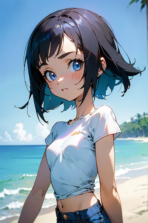 (one girl, very short, very petite), short black hair, blue eyes, wearing plain white shirt, denim shorts, (highly detailed face, properly proportioned body, good anatomy), (background: tropic-beach), (Anime style, natural light, focused on girl, slight bl...