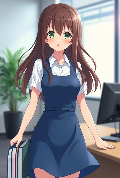 anime woman, cute, brown hair, green eyes, long hair, blue sleeveless dress above blouse, knee length hemline, white short sleeved shirt underneath dress, with collars, carrying files, in an office.