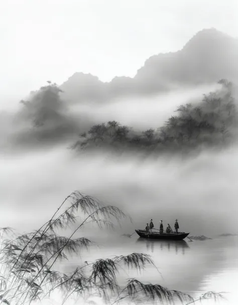 there are two people in a boat on a river in the fog, by Fu Baoshi, by Wu Zuoren, by Wu Daozi, by Guan Daosheng, by Xu Xi, inspired by Fu Baoshi, by Gu An, by An Zhengwen, by Wang Shishen, traditional chinese ink painting, by Luo Mu, by Gai Qi