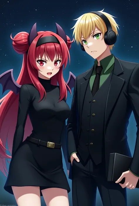 Anime girl under the stars with long soft red hair , angry red eyes and black turtleneck clothes with a short black skirt with a black headband with bat wings on the sides and two hair buns and headphones with a small black book carried by the boy with blo...