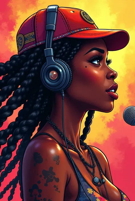 Album cover art of an african lady with braids, rapping. Animation style. Wearing headphones and a hiphop cap on her head. Her hair is flowing out of the cap