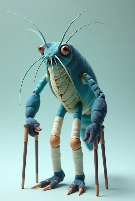 A blue velvet shrimp with a leg in a cast and crutches, with the shrimp a little more realistic. It&#39;s a leg that&#39;s in the cast and not a clamp., and the shrimp walks with crutches like a human 