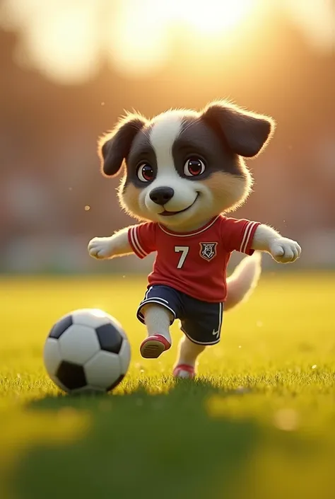 Cristiano Pawsaldo, a medium-sized dog with a shiny, flowing coat and distinctive black-and-white markings, dribbles a soccer ball on a sunny field, wearing a tiny jersey with the number 7 on it.