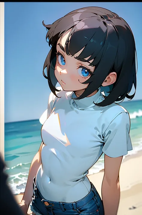 (one girl, very short, very petite), short black hair, blue eyes, wearing plain white shirt, denim shorts, (highly detailed face, properly proportioned body, good anatomy, focused on girl), (background: tropic-beach, slight blurred background), (Anime styl...