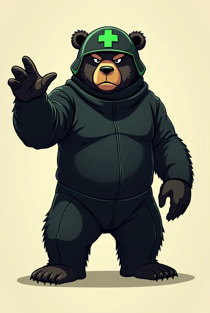 A bear in black clothes wearing a helmet with a green cross in illustrative style pointing at something