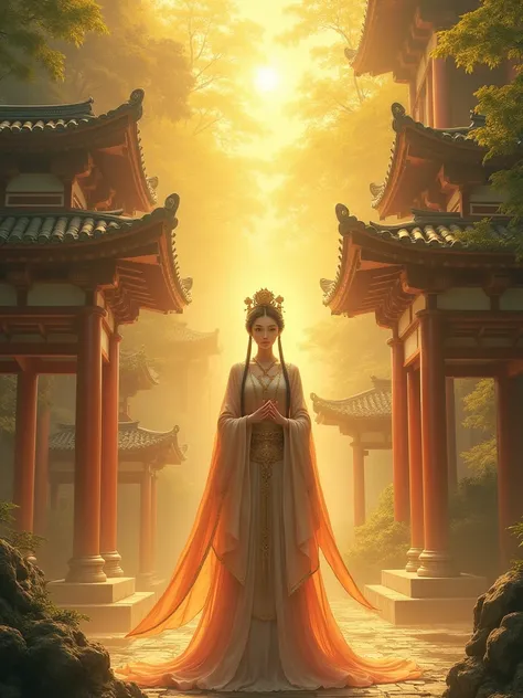 A fantastical view of golden Japanese architecture　A goddess in a gorgeous outfit looking straight ahead、