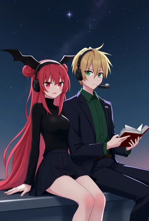 Current style anime girl under the stars with long soft red hair , angry red eyes and black turtleneck clothes with a short black skirt with a black headband with bat wings on the sides and two hair buns and headphones with a book sitting on the boy&#39;s ...