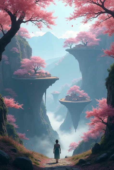 Standing opposite, looking at the hidden mountainside，A Peach Blossom Town Hidden by Nature，All in the form of floating islands