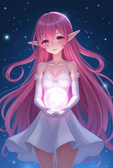 Pink long hair elf anime girl，Put on long white gloves，short skirt dress，Night sky，Magic crystal ball