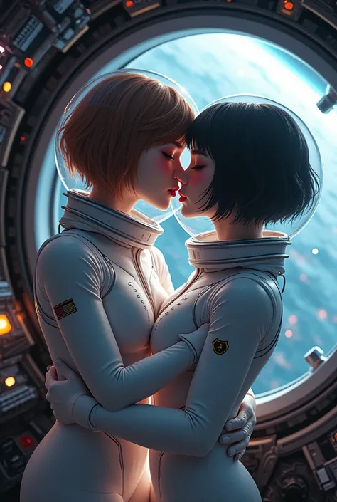 Bubble helmet,astronaut) brown hair, a pair of girls, very short hair, black hair, breast press, symmetrical docking, short hair, eye contact, looking at others, , upper body, face to face, ,(blushing),ahegao, tongue sticking out, saliva, saliva trail, hea...