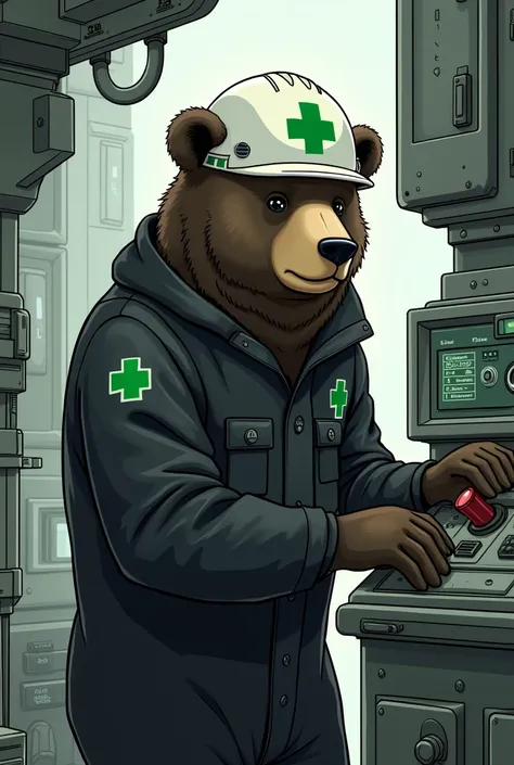 A bear in black clothes wearing a helmet with a green cross illustration style controlling a project