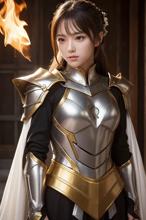 Best Quality, Face Focus, Soft Light, Ultra-high resolution, (Photorealistic:1.4), RAW Photos,Cinematic lighting,Late Elise、Golden Ratio/. Japanese Beauty（Silver armor with flame motif、Robe on Arma&#39;s shoulders,Tight long skirt,Beautiful legs,Tight blac...