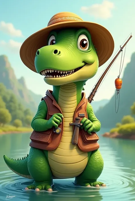 Male Trex green cartoon with fisherman hat, fisherman vest and fishing rod, name on the vest REGAMEY, 