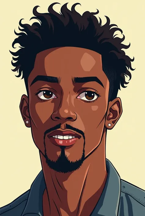 Anime Ethiopian beautiful  boy age around 25 who has a soft mustach and sideburn hair. and have a broken right front tooth