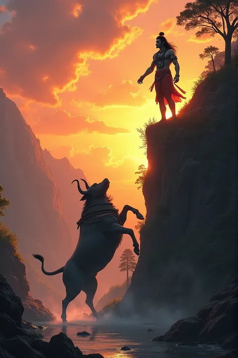 "An epic scene depicting a dramatic landscape where a large buffalo is tumbling down a steep hill. At the top, Lord Shiva, majestic and serene, is reaching out with one hand to catch the buffalo. The sky is painted in vibrant hues of sunset, casting a gold...