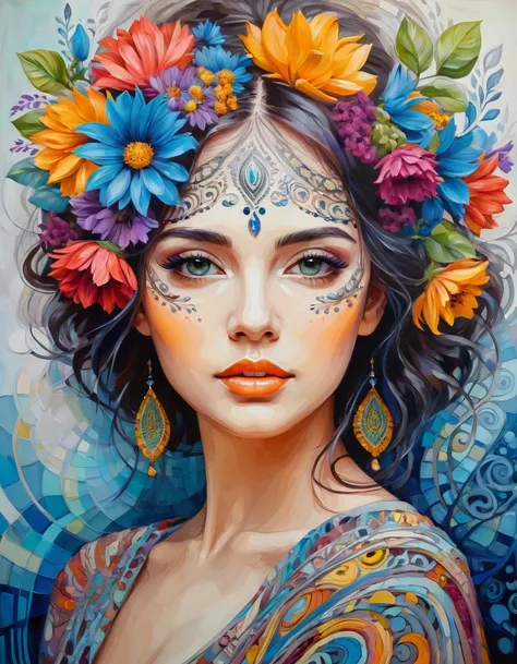 beautiful woman, oil painting, portrait, Abstract flowers and zentangle pattern