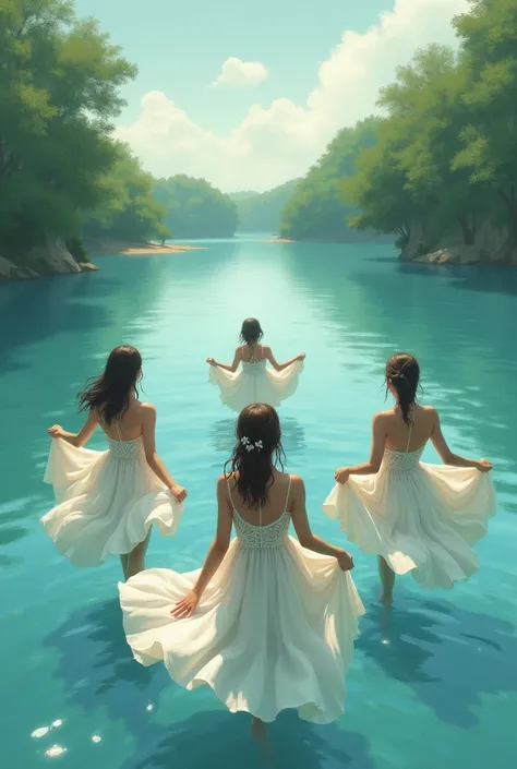 girls back while swimming in the lake with dress on