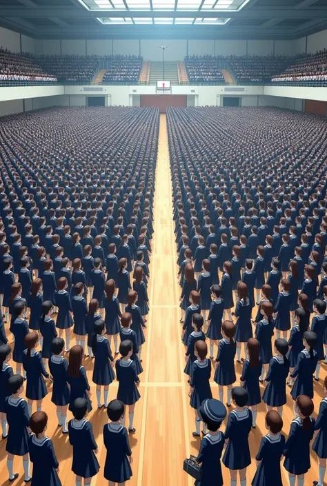 900,000 1 high school girls are lined up in a gymnasium wearing sailor uniforms.