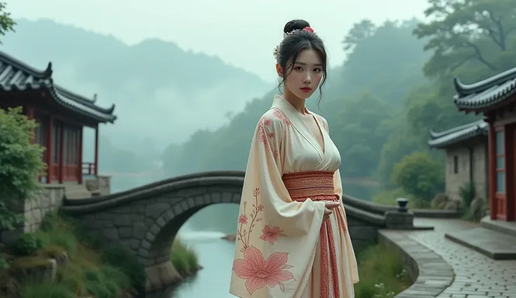 beautiful Korean woman, big breasts size 4, wearing a kimono with the top open, and the bottom above the knee, standing on the bridge, countryside, misty valleys, cobblestone streets, small river, bridge above the river, old style stone house, forest. (bes...