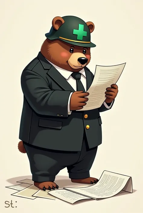 A bear in black clothes wearing a helmet with a green cross illustrative style fiddling with documents