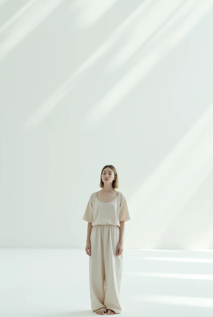 A white, empty room, a woman standing with her eyes closed, simple clothes, Minimalist Image,