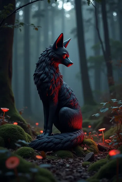 
Nine-tailed fox statue. The back of the statue has the face of a nine-tailed fox. The statue is located in the middle of a deep forest at night. The theme of the picture is red and black. 