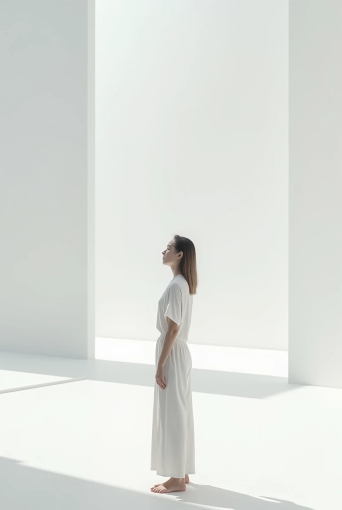 A white, empty room, a woman standing with her eyes closed, simple clothes, Minimalist Image,