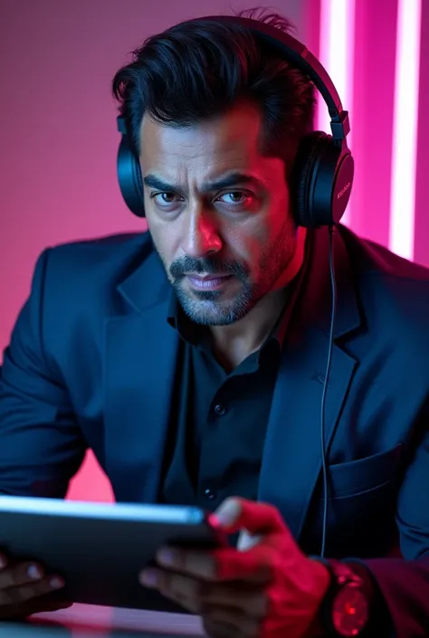 Salman khan wearing a headphone with the log of AS AUDIO .  With 4k image . With RGB LIGHTING ON THIS BACKGROUND  and face . Nad he is holding a tablet and omthe screen of that tablet . A S COMMUNICATION NAMED LOGO AND NAME IS HIGHLIGHTING IN IT   . Make i...