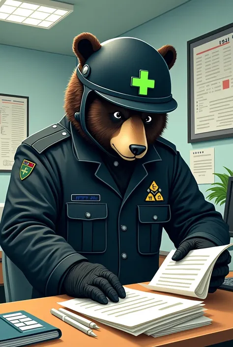 A bear in black clothes wearing a helmet with a green cross illustrative style moving and doing document management 