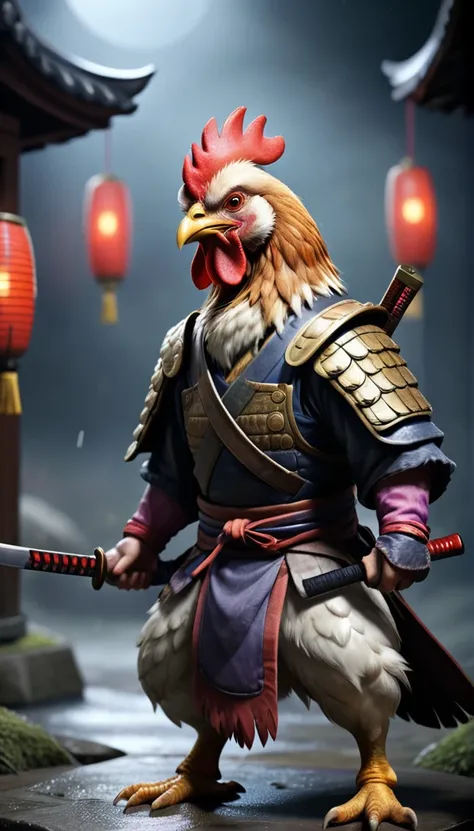 (Close-up Cinematic),Samurai Chicken、 battlefield,  2D, colorful, Dark atmosphere