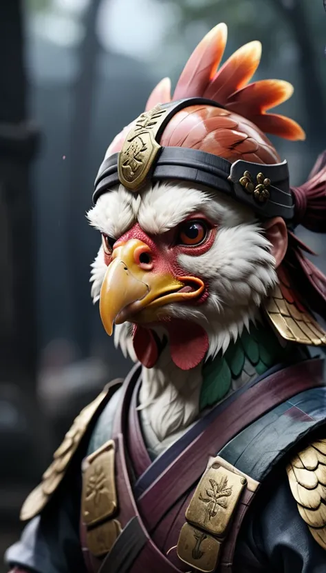 (Close-up Cinematic),Samurai Chicken、 battlefield,  2D, colorful, Dark atmosphere