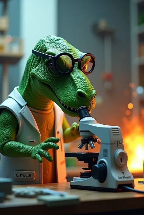 Green male trex, scientist vest, microscope, protection glass, small explosion and smoke in the back office, in a laboratory, name on vest O. PROBST