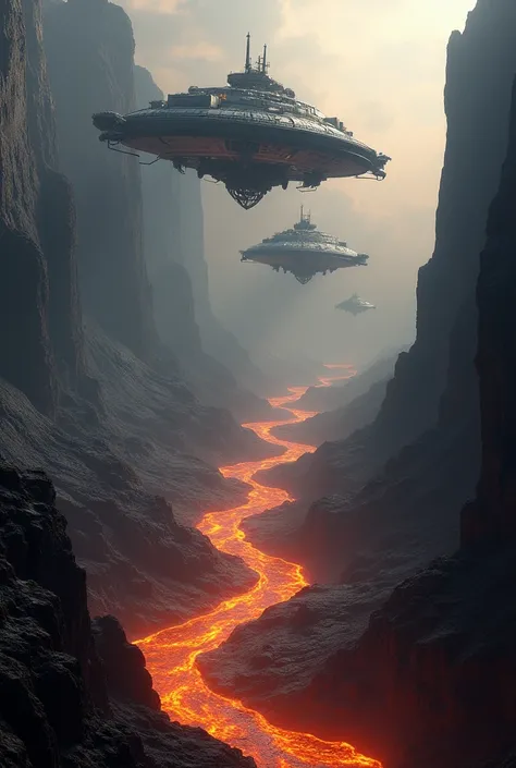 Two spaceships, huge lava lake below, precipitous black shores, volumetric, shadows, cracks fantastic planetary landscape, Editorial Photography, Shot on 70mm, Depth of Field, Field of View, Light Mode, High Contrast, Ultra-HD, HDR, TXAA"""", style: artsta...