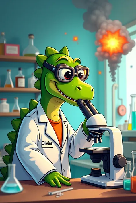 Green male trex, cartoon anime, scientist vest, microscope, protection glass, small explosion and smoke in the back office, in a laboratory, name on vest OLIVIER