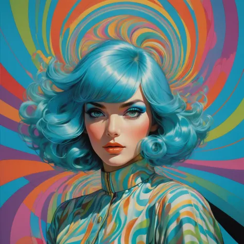 Environment Map, overview 1981 air hostess poster, Thick Portrait, Shiny, Tiffany Blue Hair, Dramatic Makeup, Complex, Incredibly detailed, overview, Kaleidoscopic, Trippy, 80s style, art, Bright colors, Swirl pattern, Hypnotic, psychedelic, art：Victor Mos...