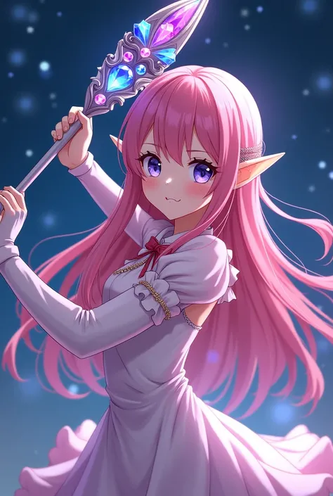 Pink long hair elf anime girl，Put on long white gloves，short skirt dress，Night sky，Gemstone huge magic wand，Chu Chu’s pitiful eyes