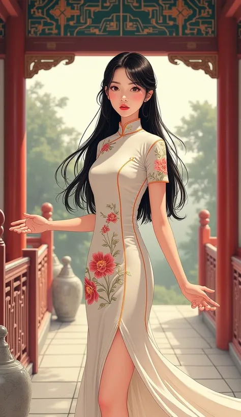 Chinese comics, Beautiful woman wearing Qipao, Beautiful feet