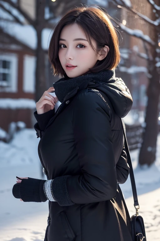 (Best picture quality, 8k :1.2), (Masterpiece:1.3), 1girl, Beautiful woman with slender :1.3, Short hair, Big tits, Very fine face,Winter clothes, Double eyelid, Dark hair, Turning around, Outdoors