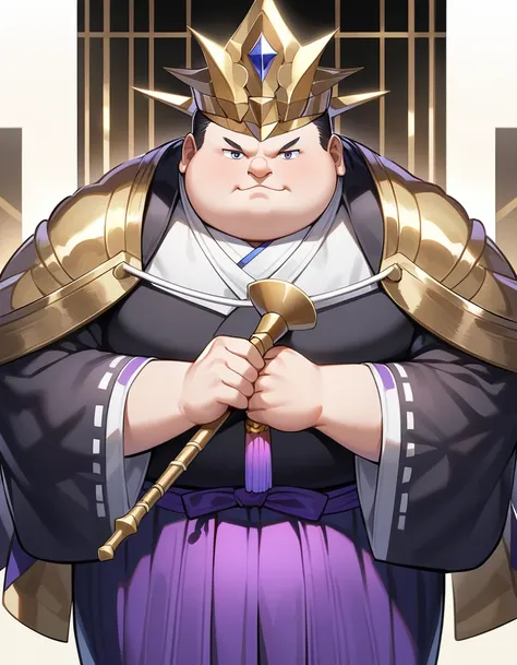 Prince Shotoku、The face is plump、The corners of the eyes are raised. The head is large.、The area from the shoulders to the chest is thick. The lower half of the body is slender and wearing long hakama. The eyes are sharp and meaningful.　Cool　Holding a scep...