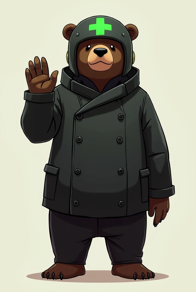 A bear in black clothes wearing a helmet with a green cross in illustrative style waving goodbye