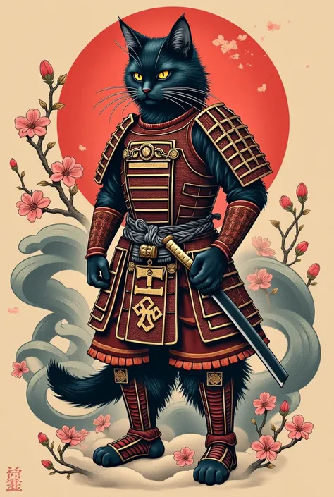 Best quality traditional samurai cat tattoo 